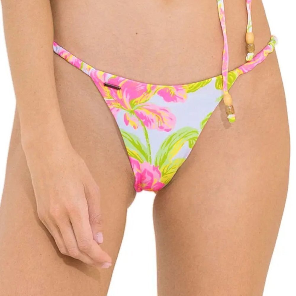 Maaji Chintz Micro Ruched Pink Reversible Bikini Bottoms Size: Large